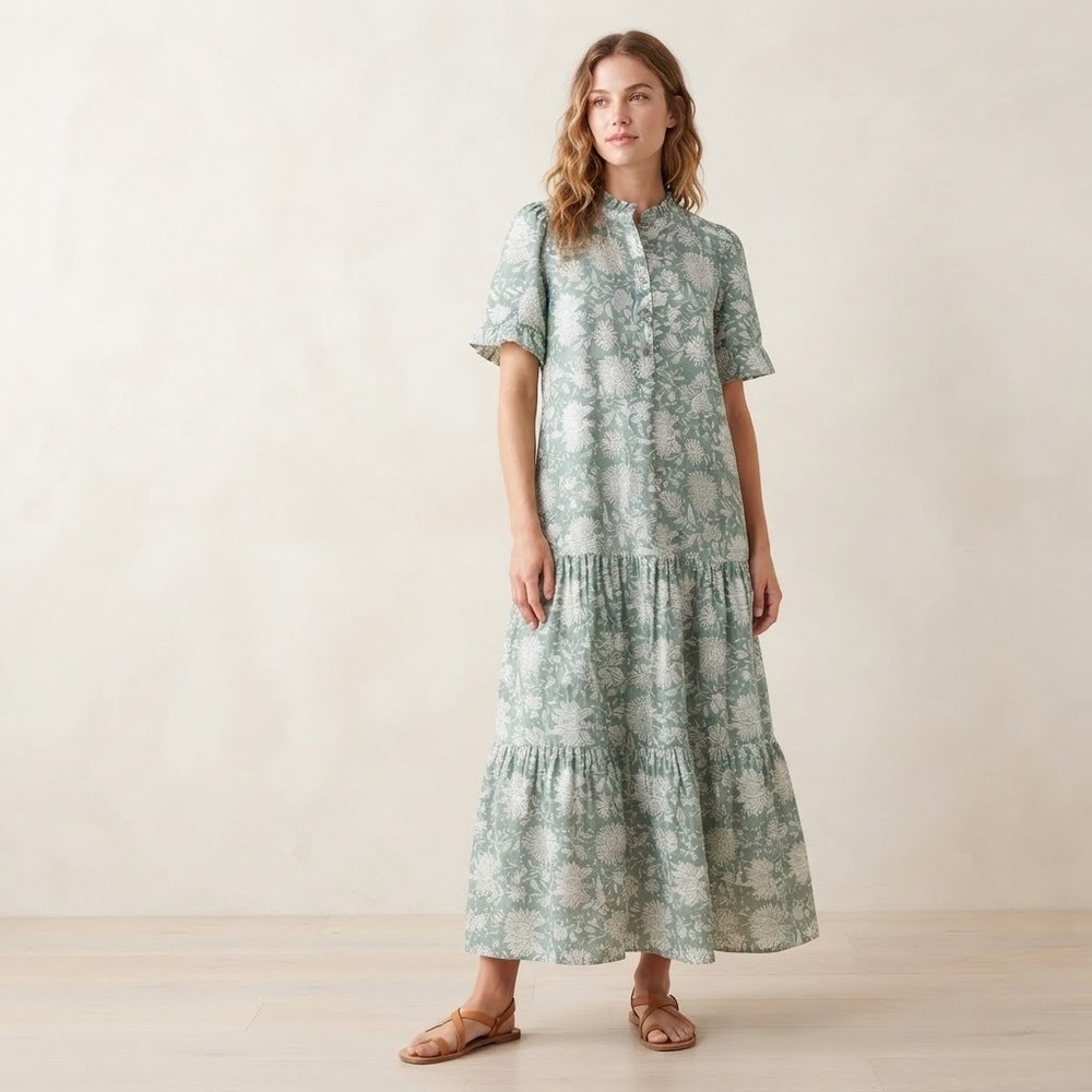 Entro Green Floral Print Maxi Dress Large Ruffle Sage Green Cottagecore Bohemian